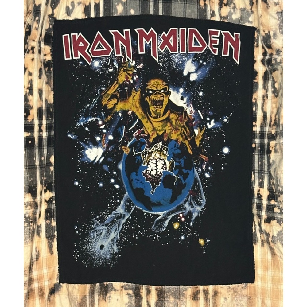 Angry Minnow Iron Maiden Eddie Bleached Plaid Flannel Shirt Back Patch Grunge